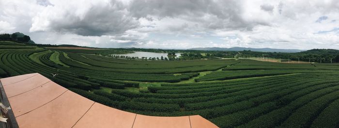 Panoramic view of agricultural field against sky