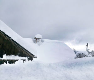 Snow covered land and mountains against sky