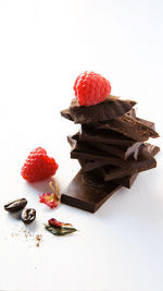 High angle view of chocolate cake on white background