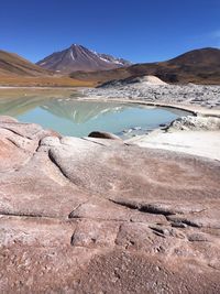 Scenic view of lake by mountains against sky