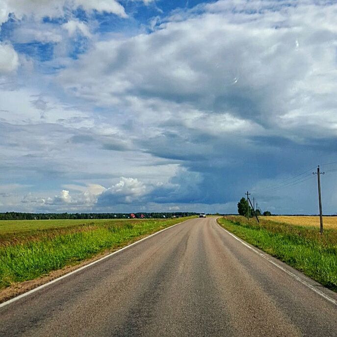 the way forward, road, sky, diminishing perspective, transportation, vanishing point, landscape, country road, field, cloud - sky, tranquil scene, rural scene, tranquility, cloud, cloudy, nature, grass, scenics, empty road, beauty in nature