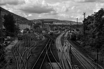 Black and white high angle view of railroad tracks against sky