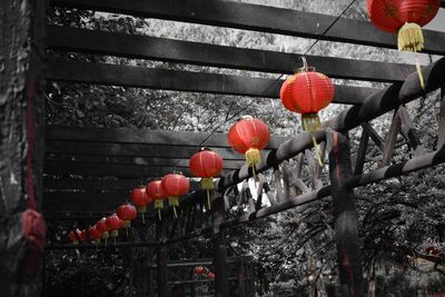 Low angle view of lanterns hanging on wall