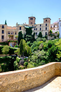 Plants and buildings against clear blue sky