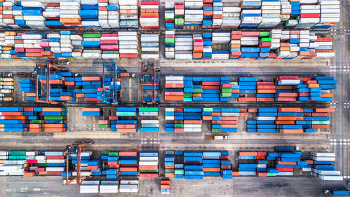 High angle view of container ship at commercial dock