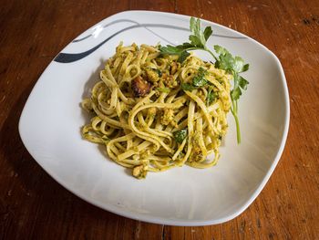 High angle view of pasta in plate on table