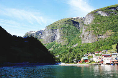 Scenic view of sea by buildings against sky