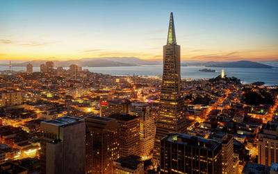 High angle view of city buildings during sunset