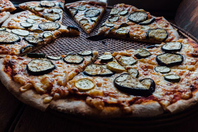 High angle view of pizza on table