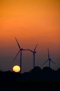 Silhouette of wind turbines at sunset