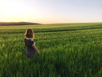 Rear view of woman standing on field against clear sky during sunset