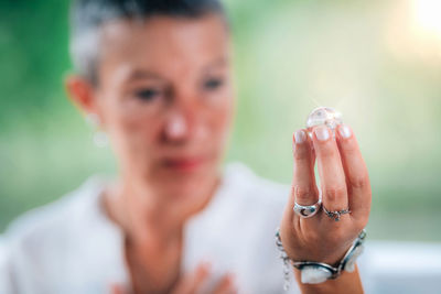 Spiritually enlightened person focused on a crystal pearl