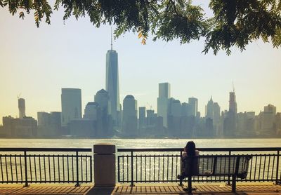 Rear view of woman sitting on bench looking at one world trade center in cityscape