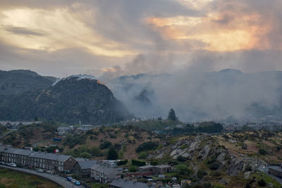 High angle view of townscape against sky during sunset