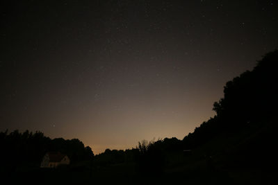 Low angle view of silhouette trees against clear sky at night