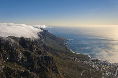 Scenic view of sea and mountains against sky