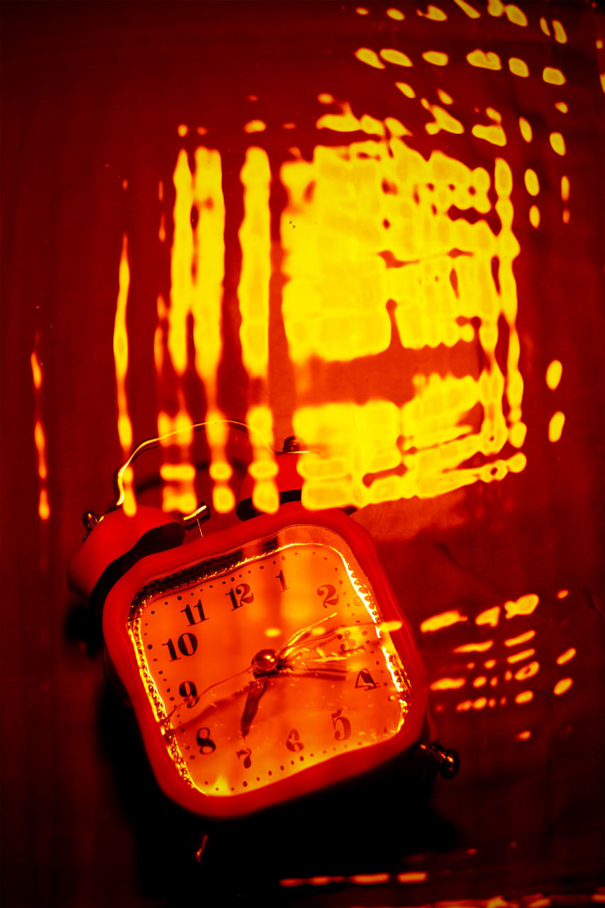 font, red, no people, yellow, light, indoors, close-up, clock, darkness