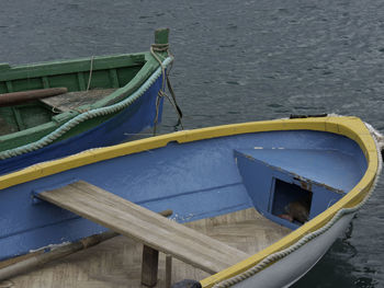 High angle view of boat moored on beach