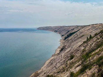 Scenic view of sea against bluff under sky