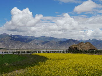 Countryside landscape against mountain range