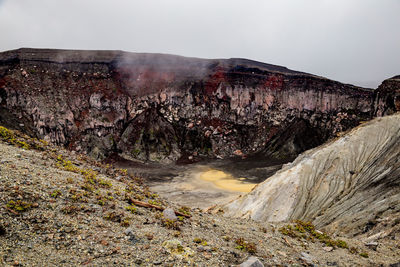 Volcano crater with yellow sulfur of aso mountain in kyushu, japan