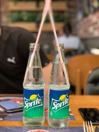 Close-up of glass bottle on table