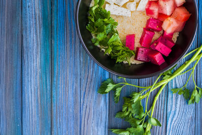 High angle view of fruits in bowl on table