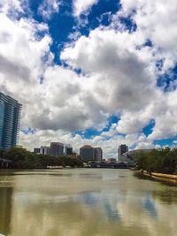 River in city against cloudy sky