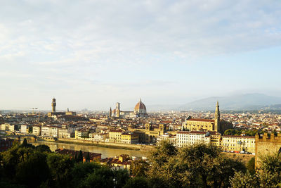 High angle view of cityscape against cloudy sky
