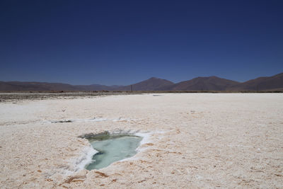 Scenic view of desert against clear blue sky