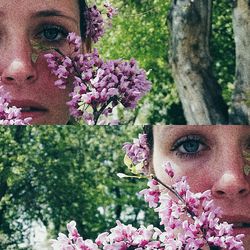 Close-up portrait of woman with pink flowers