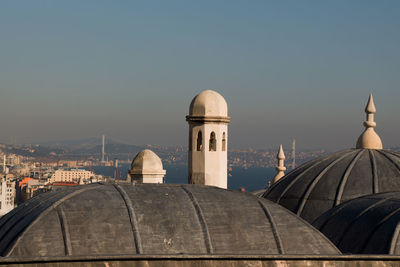 Panoramic view of buildings in city against clear sky