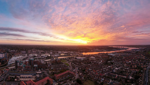 An aerial photo of the wet dock in ipswich, suffolk, uk at sunrise