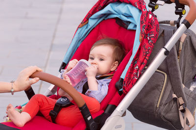 Portrait of cute girl holding red while sitting outdoors