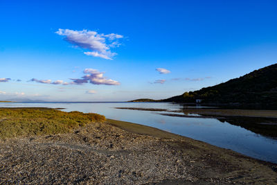 Scenic view of beach against blue sky