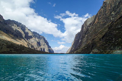 Scenic view of sea and mountains against sky