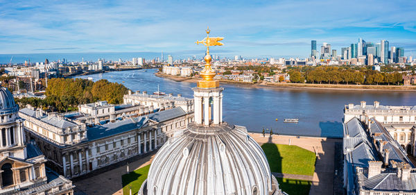 Panoramic aerial view of greenwich old naval academy by the river thames