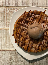 High angle view of dessert in plate on table