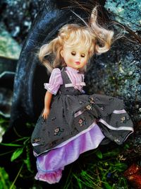 Close-up of doll on rock