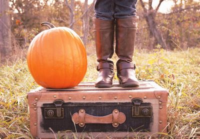 Low section of man standing by pumpkin