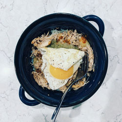 High angle view of breakfast served on table