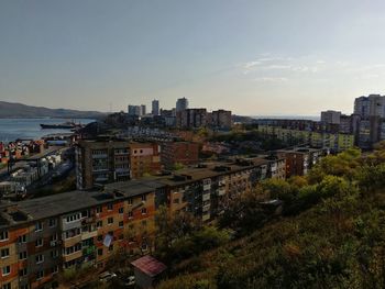 High angle view of buildings against sky