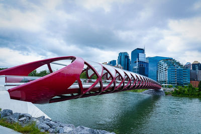 Bridge over river against buildings in city