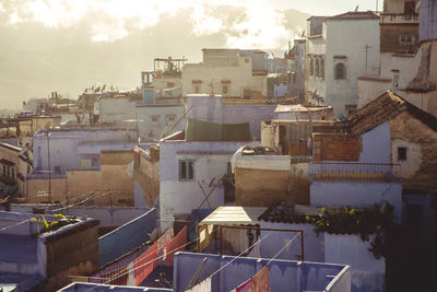 High angle view of buildings against sky