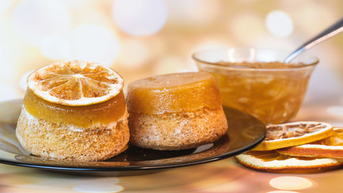 Close-up of dessert in plate on table