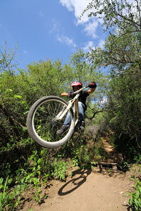 Man riding bicycle on plants against sky