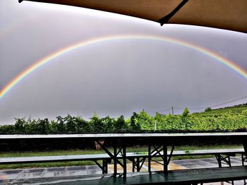 Scenic view of rainbow against sky during rainy season