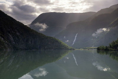 Scenic view of lake by mountains against sky