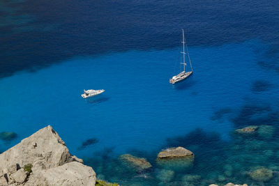 High angle view of boats in sea