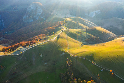 Autumn landscape drone aerial shot in transylvania, romania